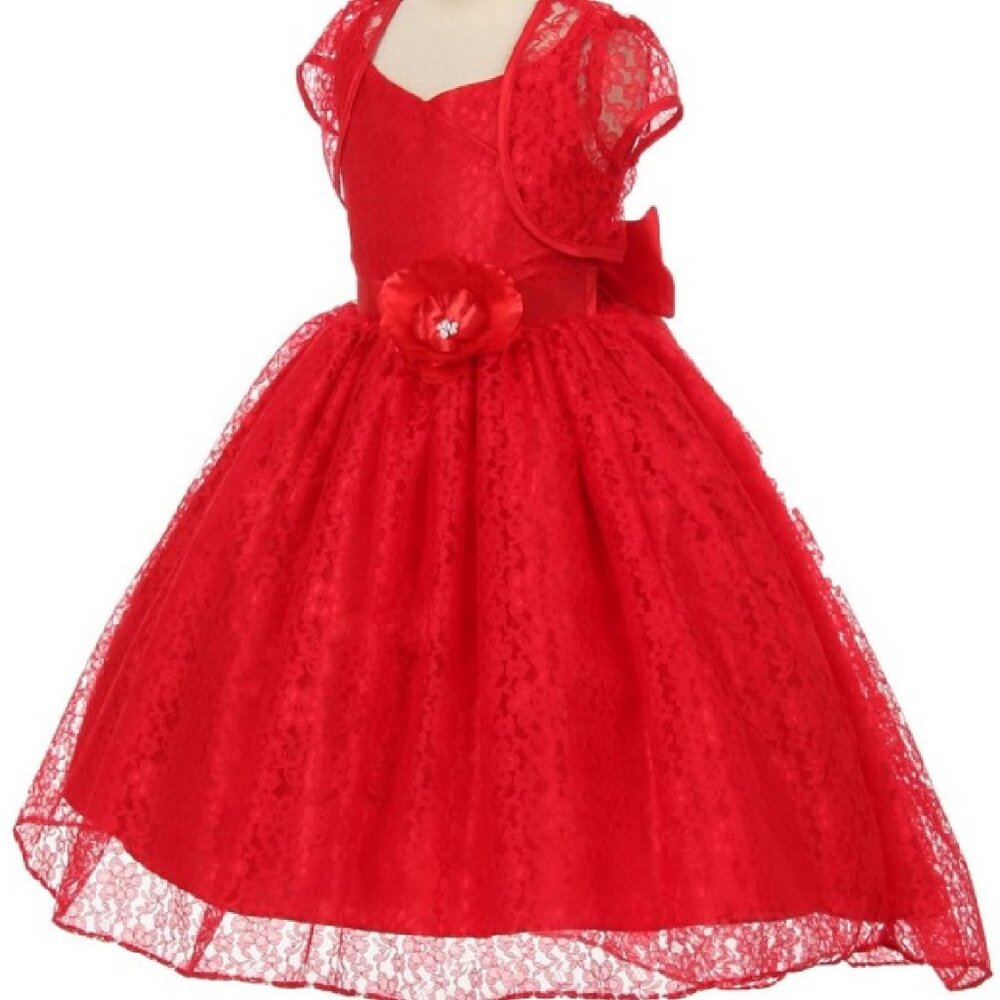 2PCS Set Floral Lace Hi Low Bolero Party Christmas Holiday Flower Girl Dress Red